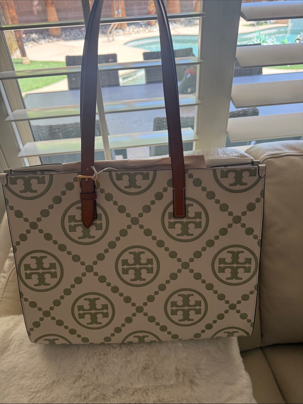 Tory Burch White Canvas Tote with Sage Green Logo Print and Brown Leather Straps